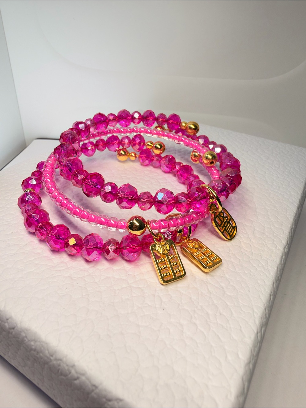 Fuchsia Crystal Beaded wire Bracelet set 3